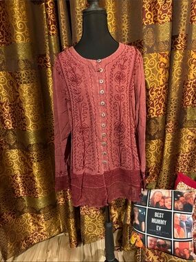 Sacred Threads Rose Button-Front Embroidered Tunic
